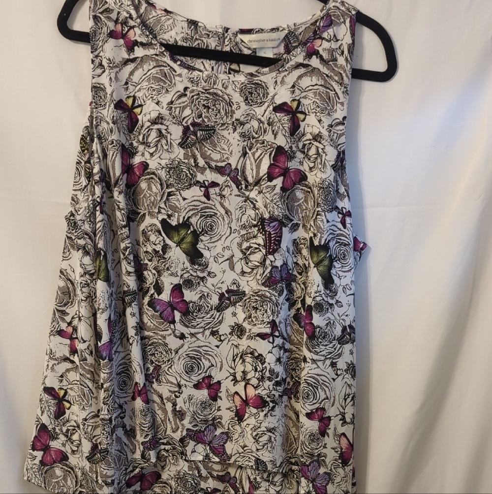 Christopher & Banks White Tank Top with Purple & Green Butterfly Print